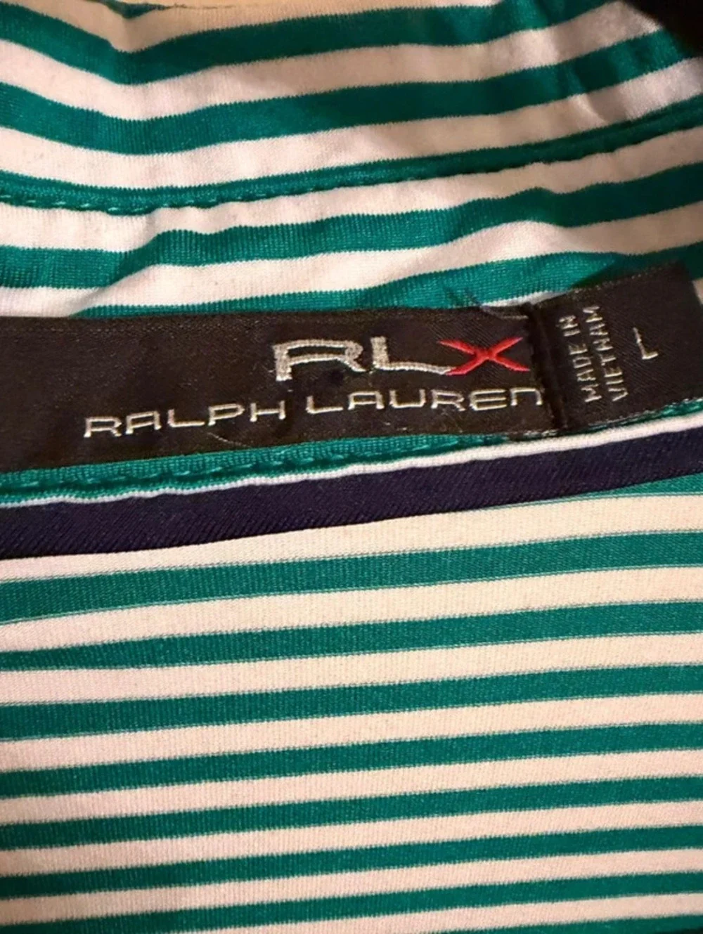 RLX Ralph Lauren Men's Green & White Striped Golf Polo Shirt (Size Large)